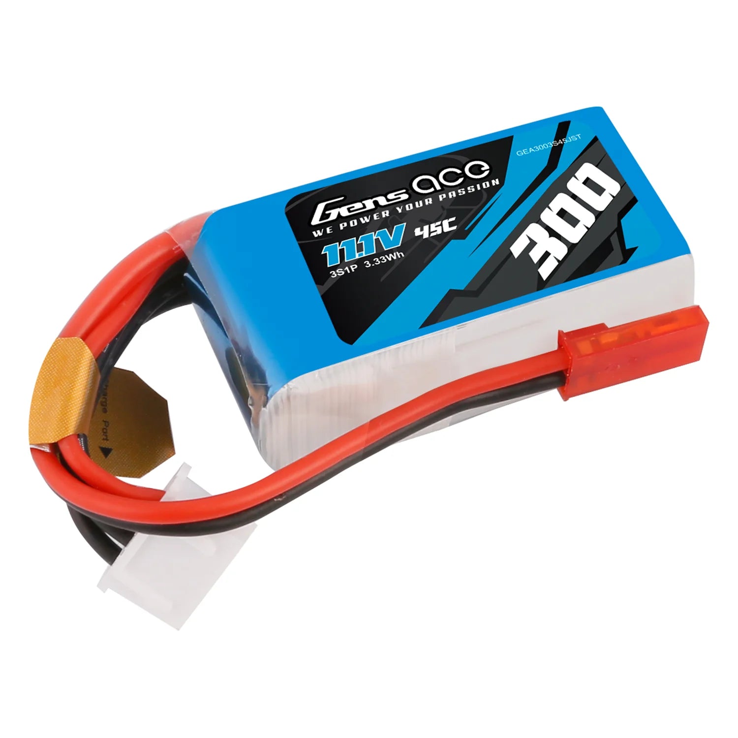 Gens ace 3S 300mAh 11,1V 45C Lipo batteri, JST stik.