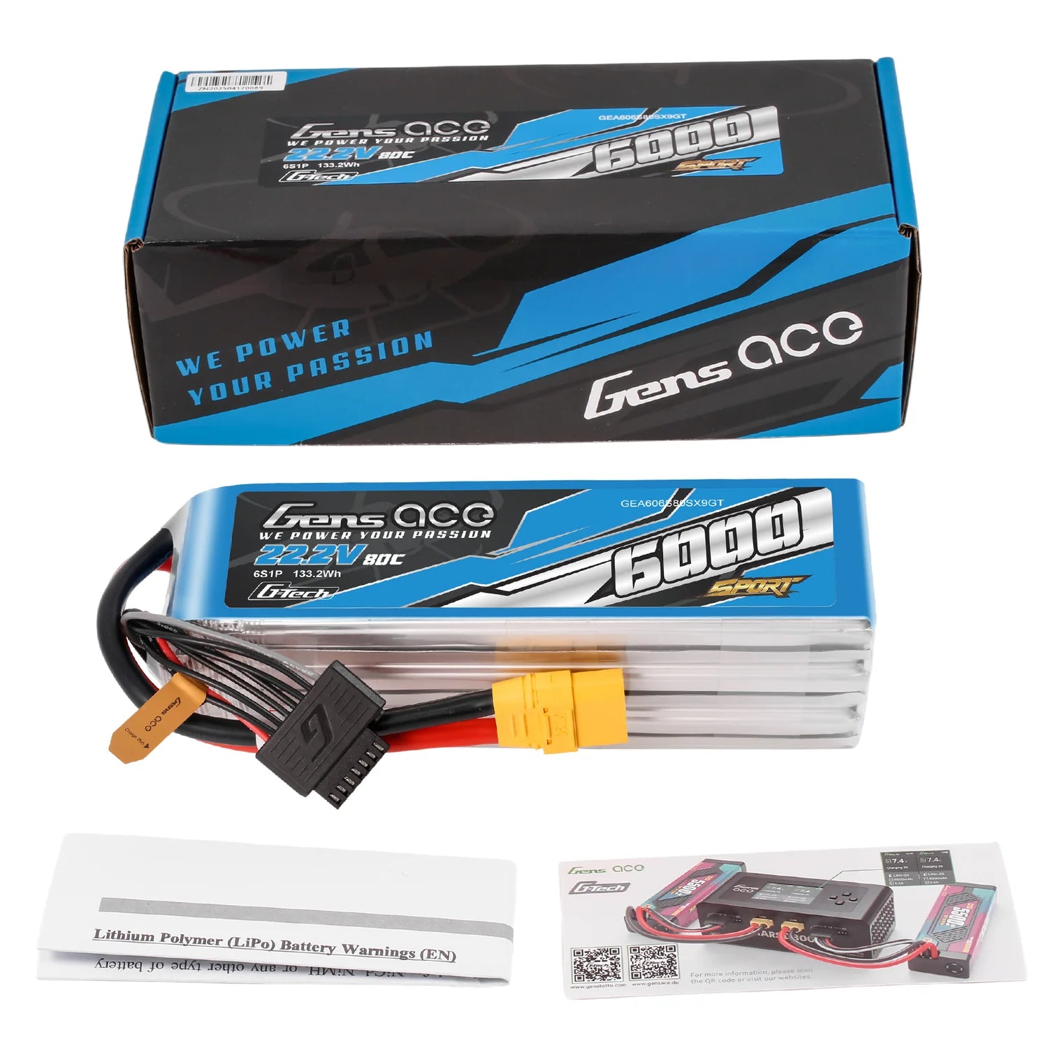 Gens Ace Sport G-Tech 6000mAh 22.2V 80C 6S1P Battery Pack with XT90 plug （700 Helicopter）