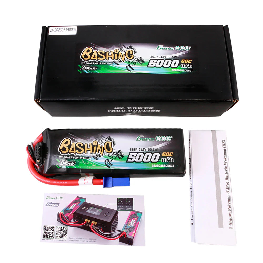 Gens ace Bashing G-Tech 3S 5000mAh 11.1V 60C Lipo batteri med EC5 stik.