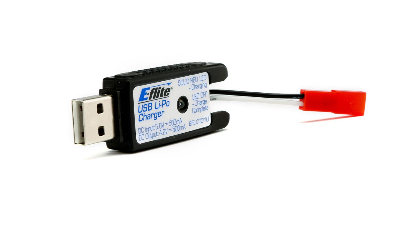 E-Flite USB lader 500mA med JST stik, 1-celles LiPo.