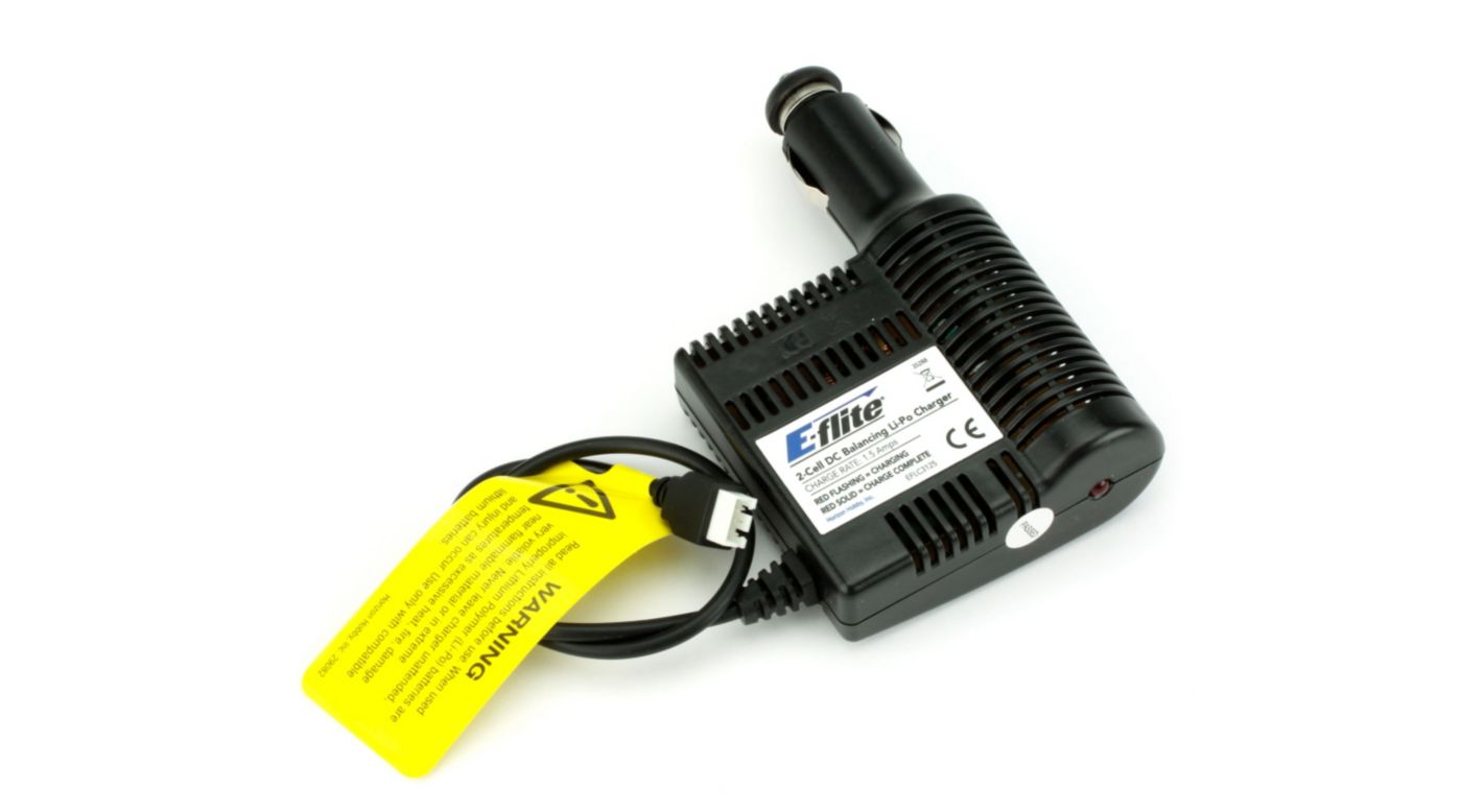 E-Flite lader/balancer for 2 celles LiPo, med cigartænderstik.